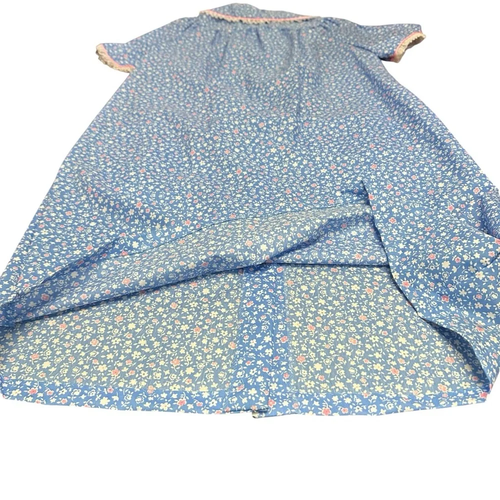 Vintage Coffee Time nightgown House Dress Blue Floral‎ Lace Pockets Medium